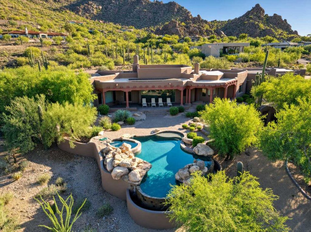 Full exterior repaint of a Southwest adobe-style home near Carefree, AZ by Hett Painting Group